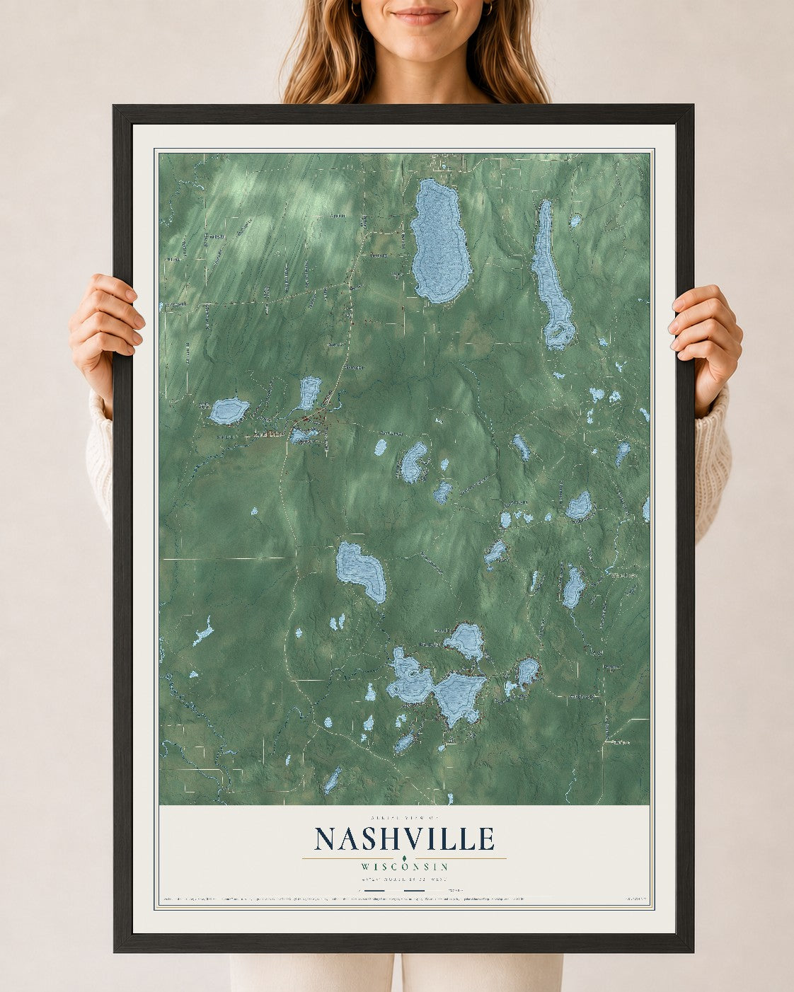 Map of Nashville, Wisconsin, 24 x 36 inch print in a black wood frame