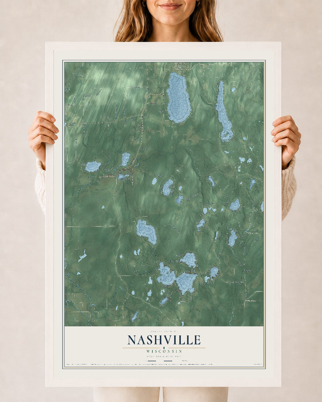 Map of Nashville, Wisconsin, 24 x 36 inch print in a white wood frame