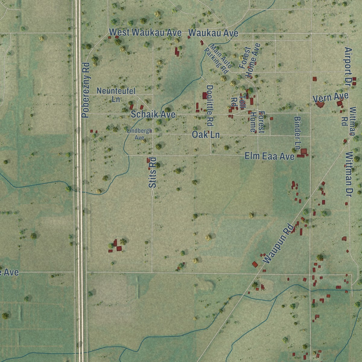 Close-up of the map of Nekimi, Wisconsin print showing street and building detail
