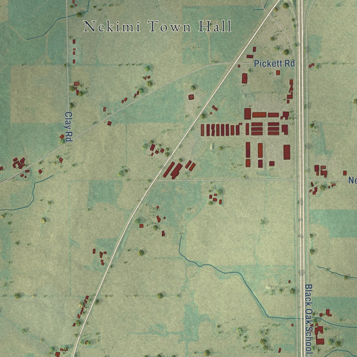 Second close-up of the map of Nekimi, Wisconsin print showing more streets and buildings