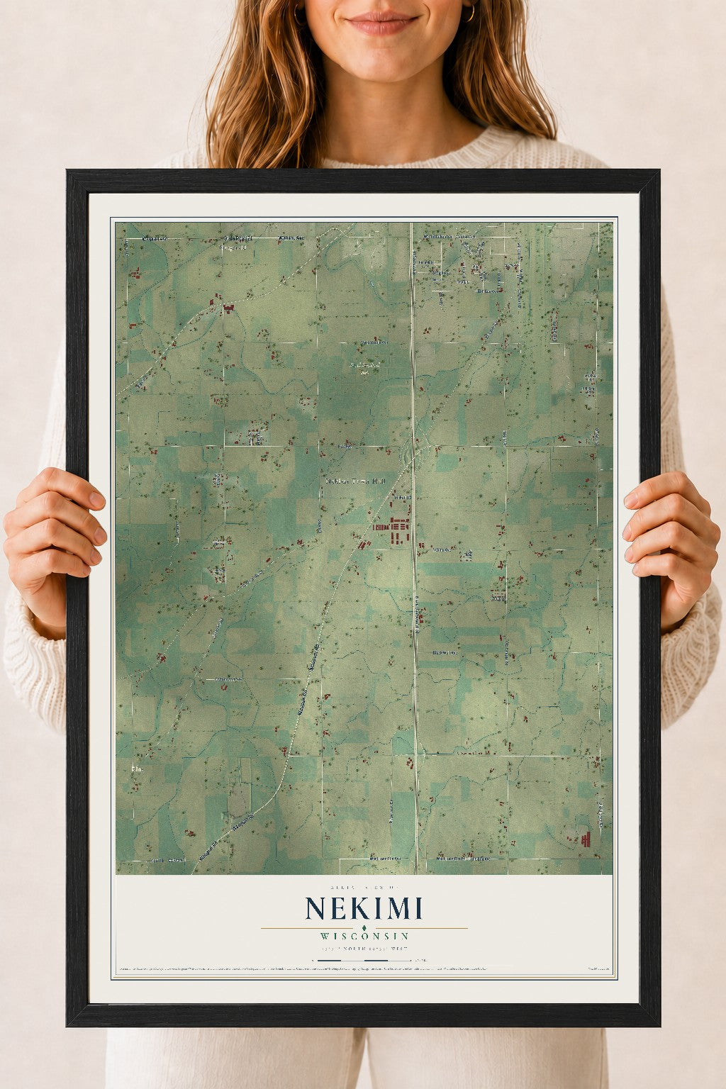 Map of Nekimi, Wisconsin, 18 x 24 inch print in a black wood frame