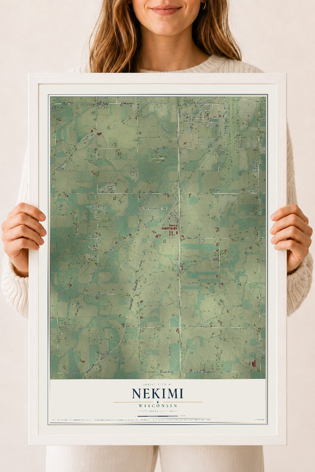 Map of Nekimi, Wisconsin, 18 x 24 inch print in a white wood frame