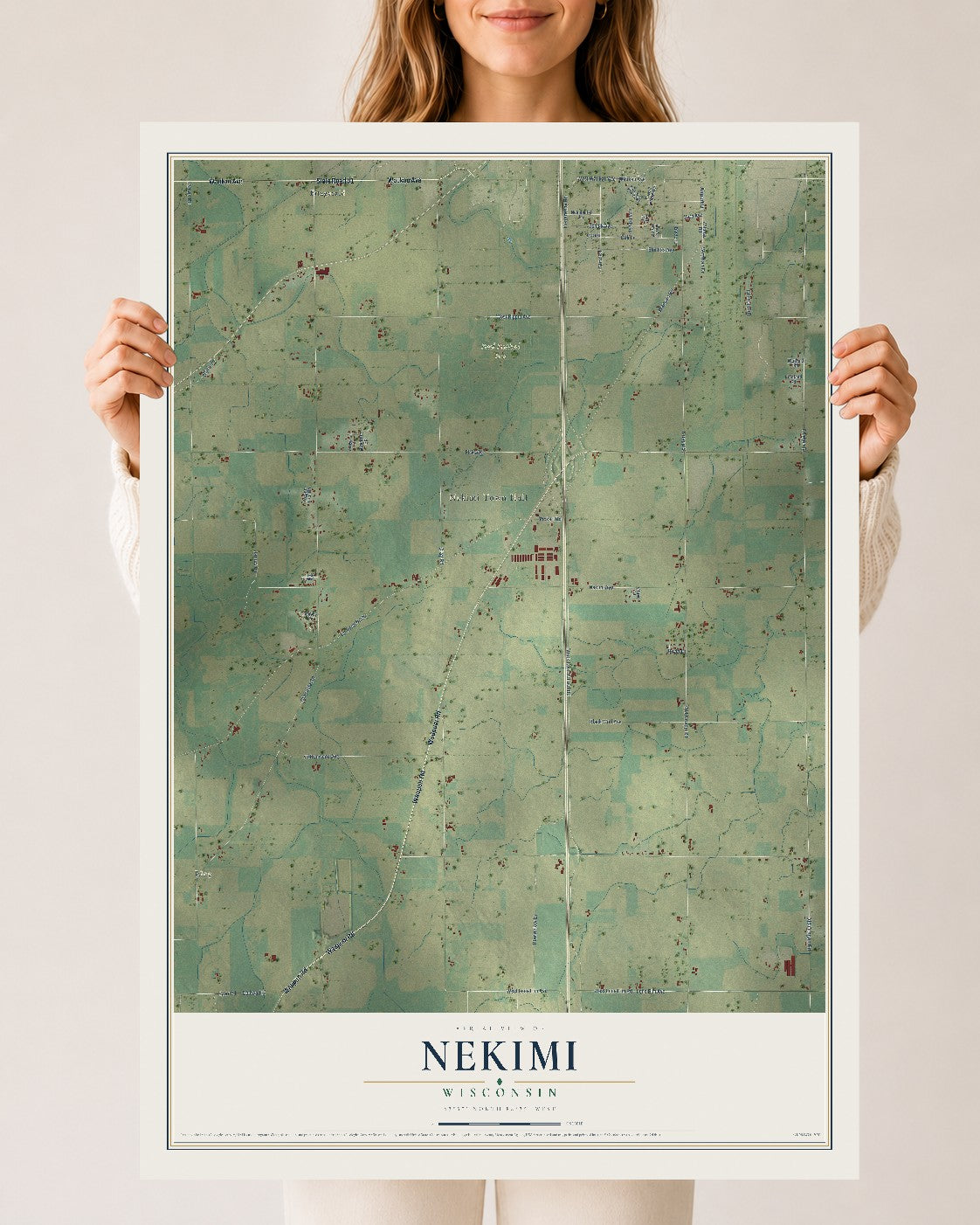Map of Nekimi, Wisconsin, 24 x 36 inch unframed archival matte print
