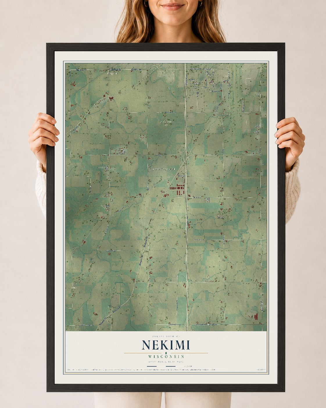 Map of Nekimi, Wisconsin, 24 x 36 inch print in a black wood frame
