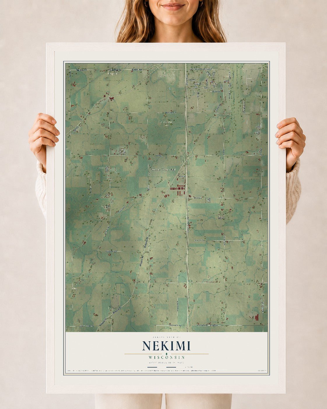 Map of Nekimi, Wisconsin, 24 x 36 inch print in a white wood frame