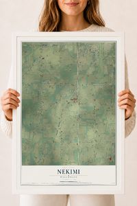 Map of Nekimi, Wisconsin, 18 x 24 inch print in a white wood frame