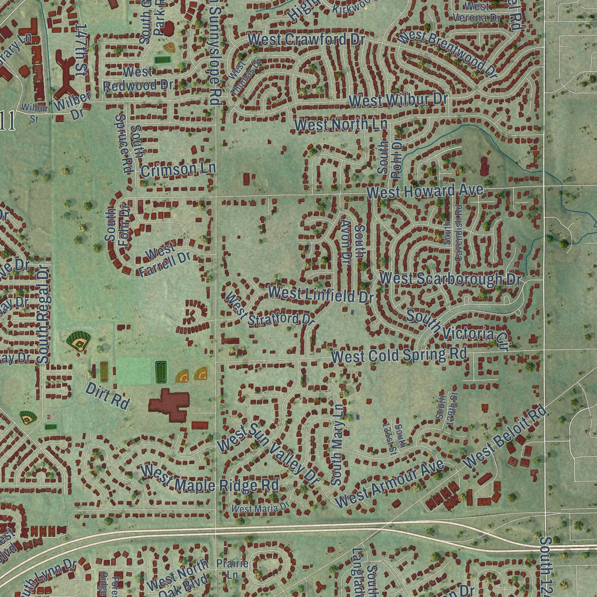 Close-up of the map of New Berlin, Wisconsin print showing street and building detail