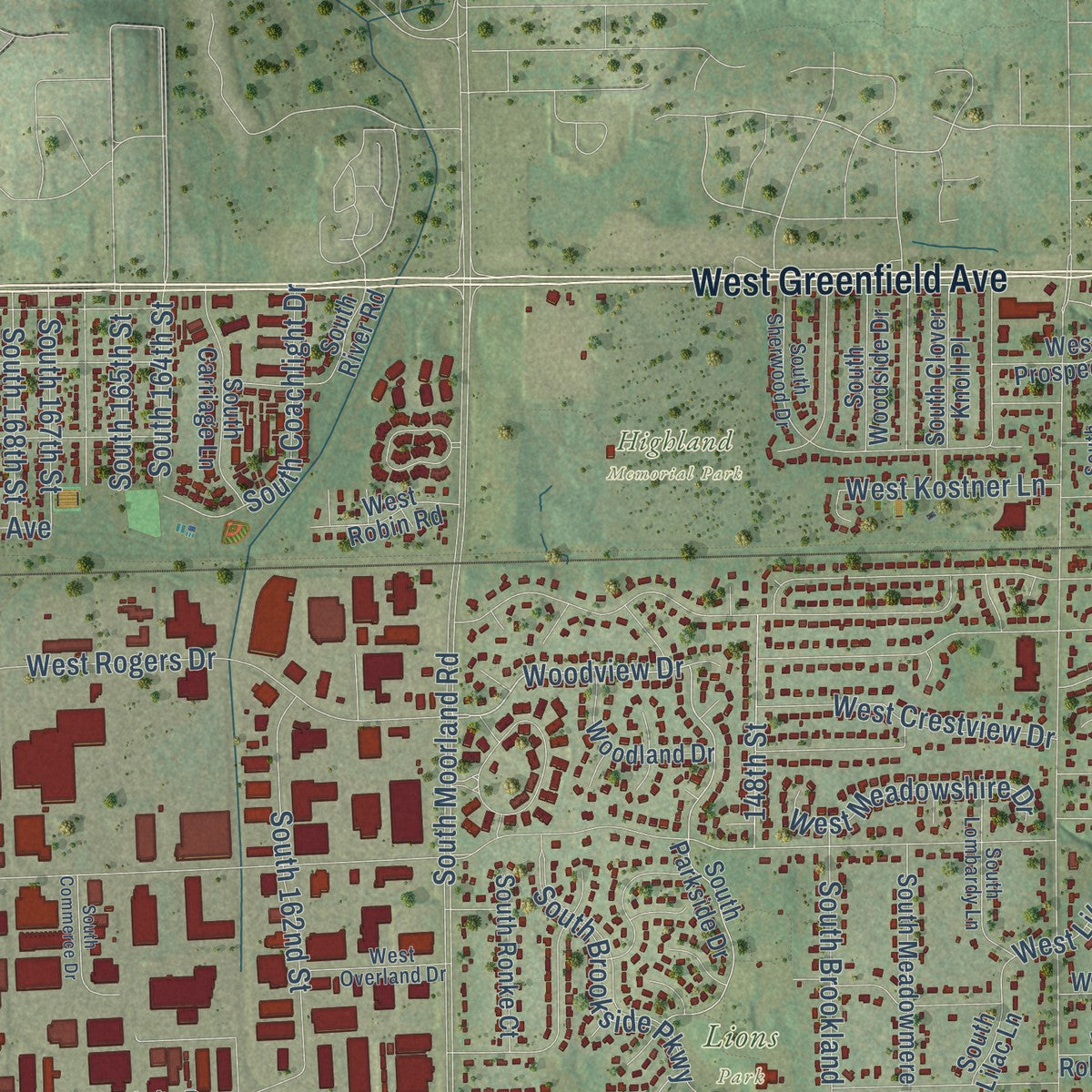 Second close-up of the map of New Berlin, Wisconsin print showing more streets and buildings