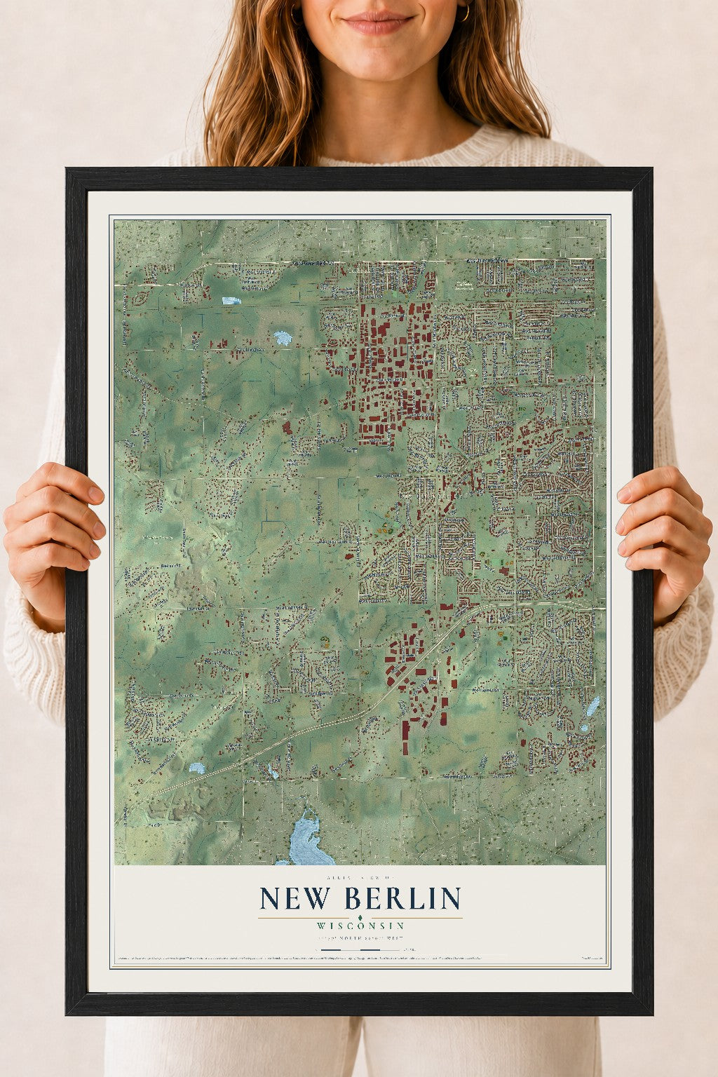 Map of New Berlin, Wisconsin, 18 x 24 inch print in a black wood frame