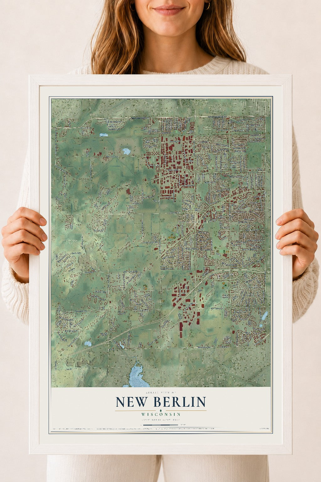 Map of New Berlin, Wisconsin, 18 x 24 inch print in a white wood frame
