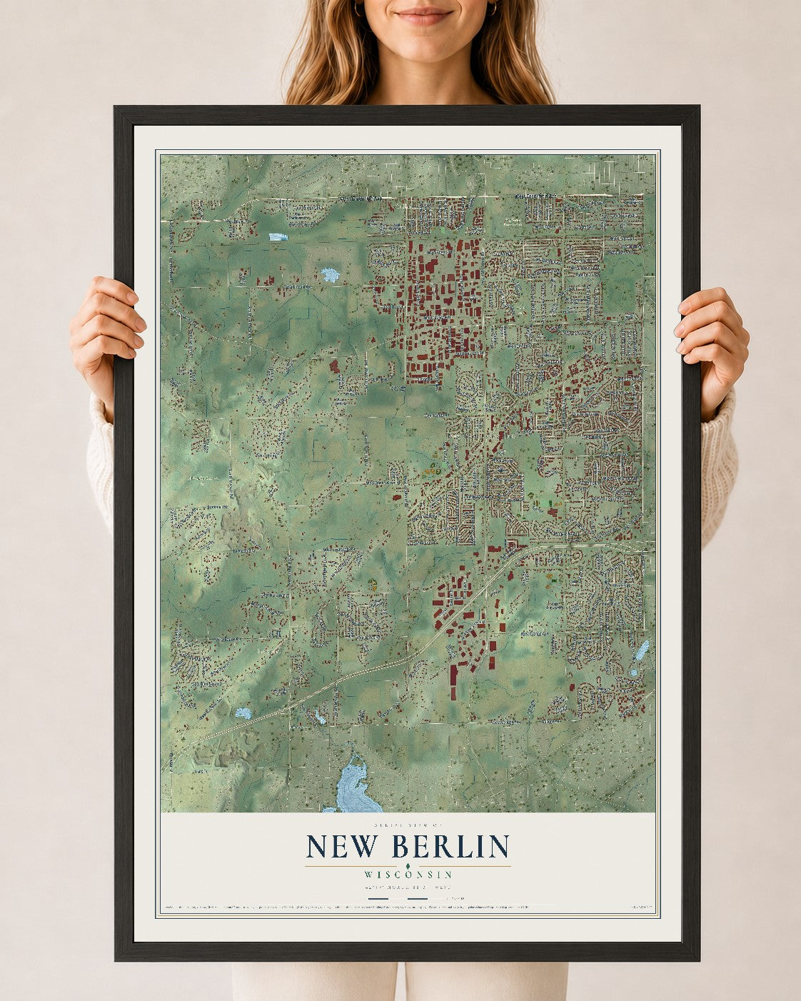 Map of New Berlin, Wisconsin, 24 x 36 inch print in a black wood frame