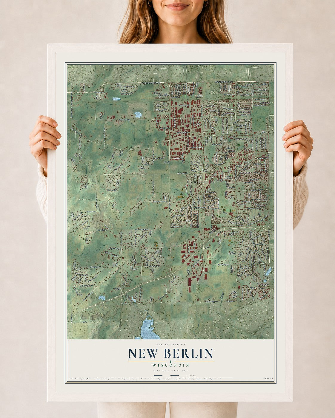 Map of New Berlin, Wisconsin, 24 x 36 inch print in a white wood frame