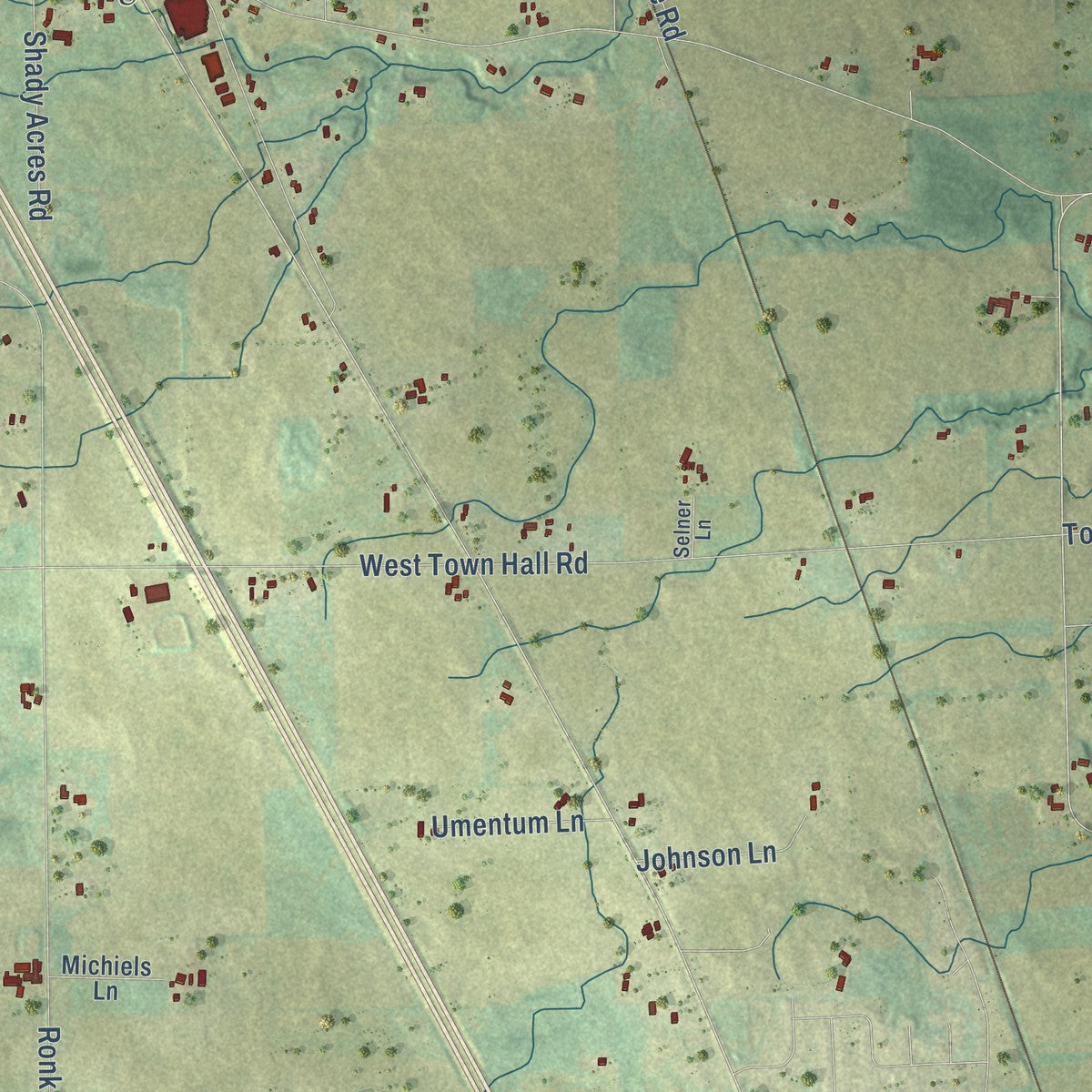 Second close-up of the map of New Denmark, Wisconsin print showing more streets and buildings