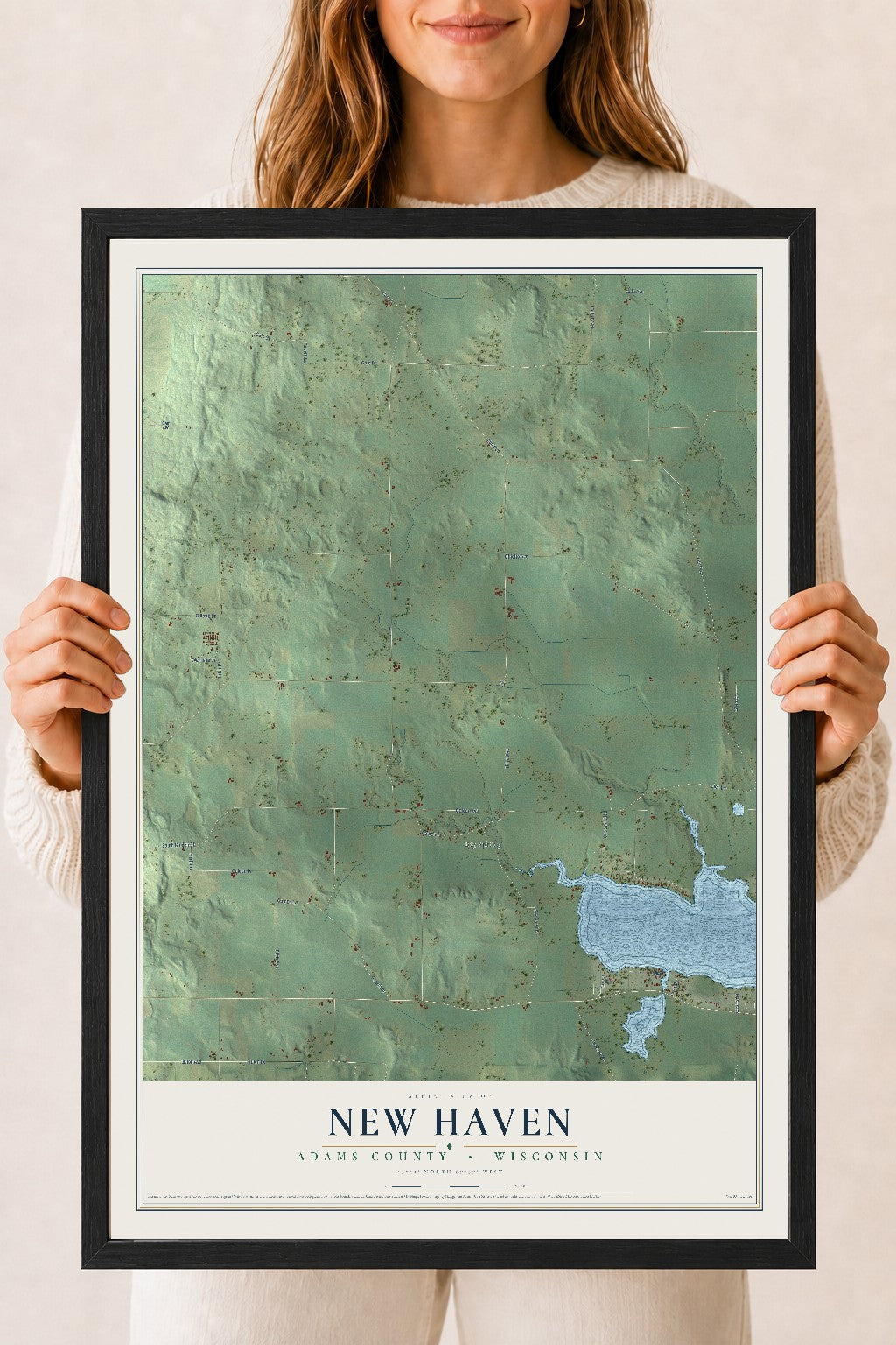 Map of New Haven, Adams County, Wisconsin, 18 x 24 inch print in a black wood frame