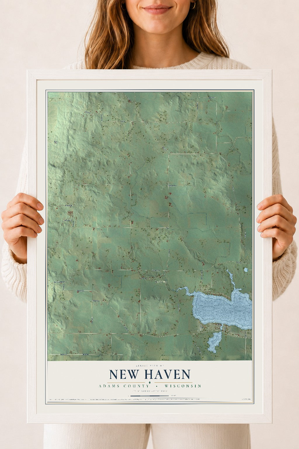 Map of New Haven, Adams County, Wisconsin, 18 x 24 inch print in a white wood frame