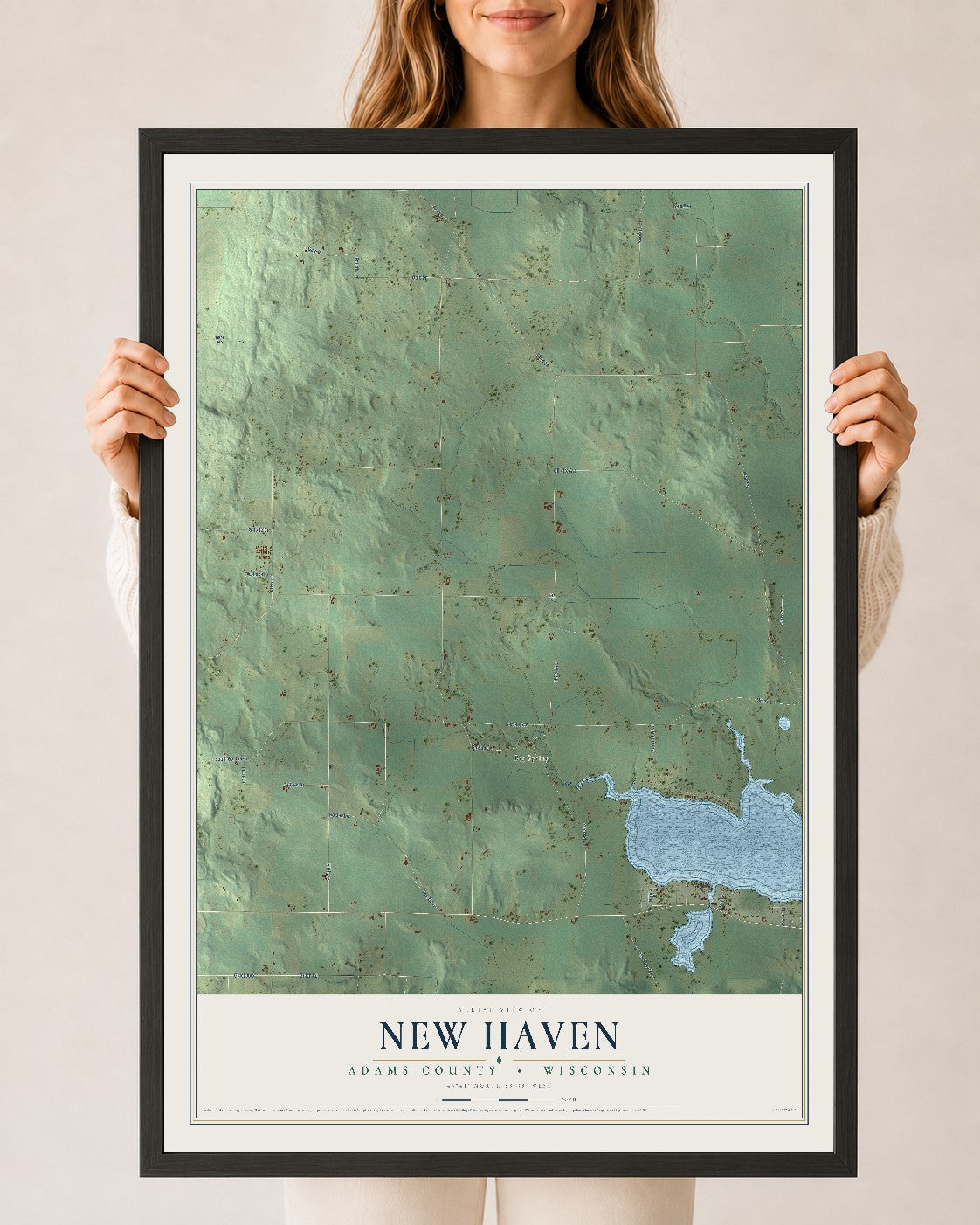 Map of New Haven, Adams County, Wisconsin, 24 x 36 inch print in a black wood frame