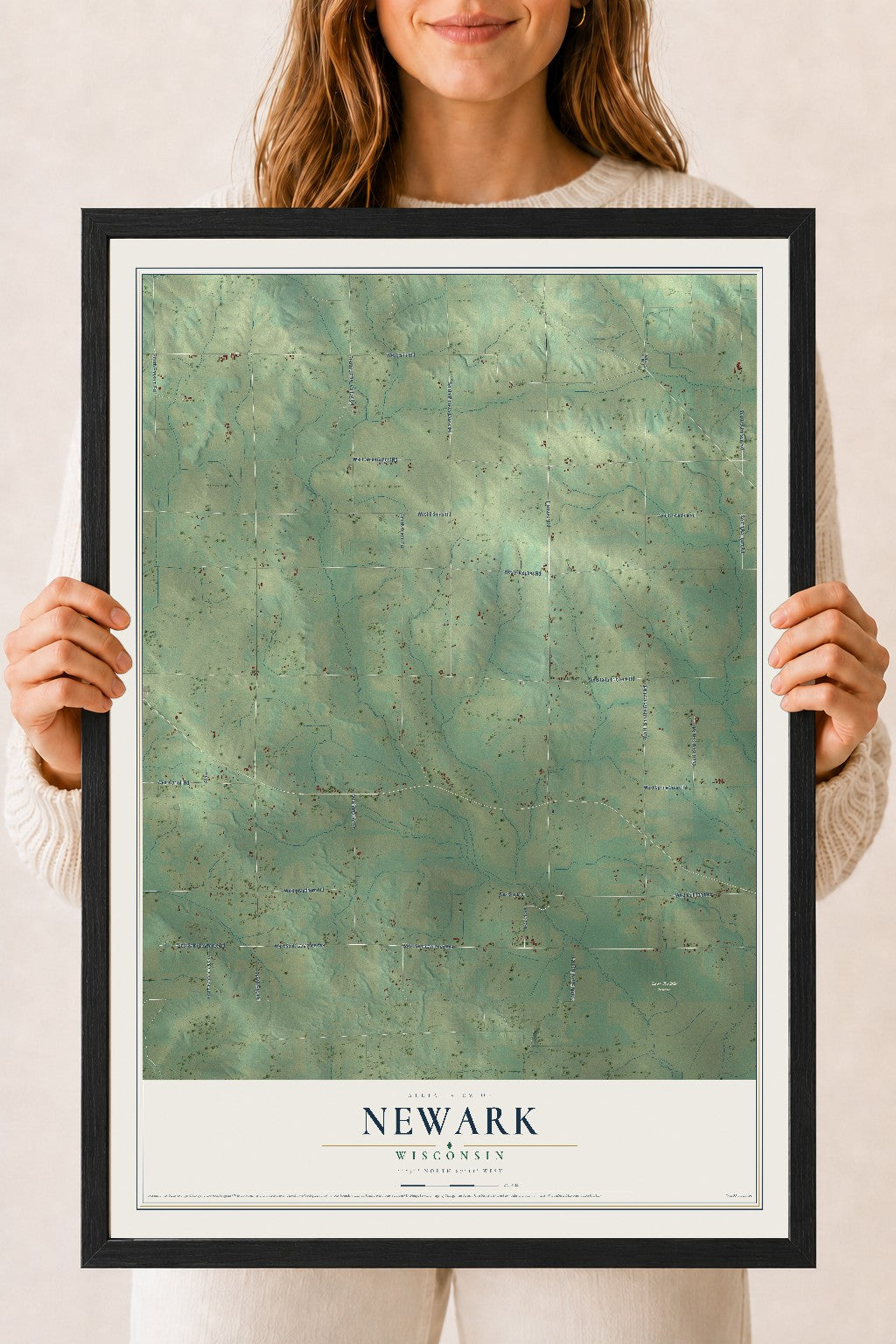 Map of Newark, Wisconsin, 18 x 24 inch print in a black wood frame
