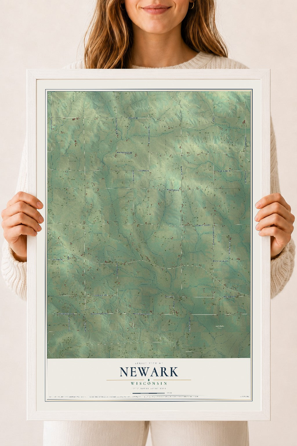 Map of Newark, Wisconsin, 18 x 24 inch print in a white wood frame