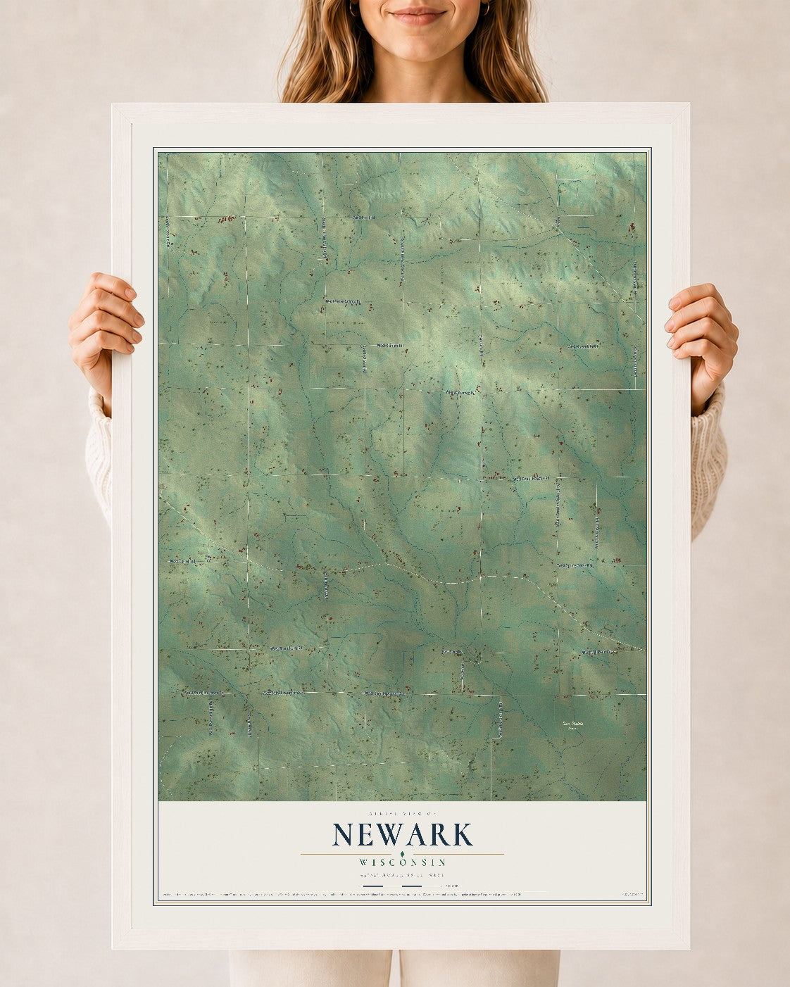Map of Newark, Wisconsin, 24 x 36 inch print in a white wood frame