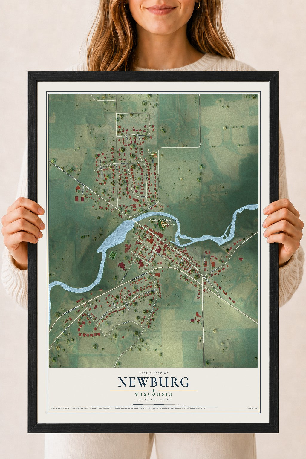 Map of Newburg, Wisconsin, 18 x 24 inch print in a black wood frame