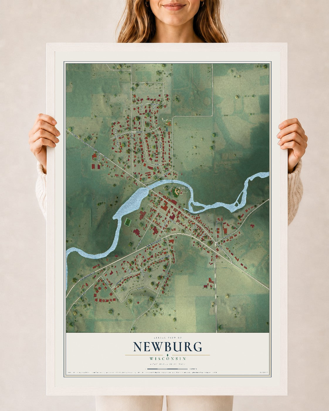 Map of Newburg, Wisconsin, 24 x 36 inch print in a white wood frame