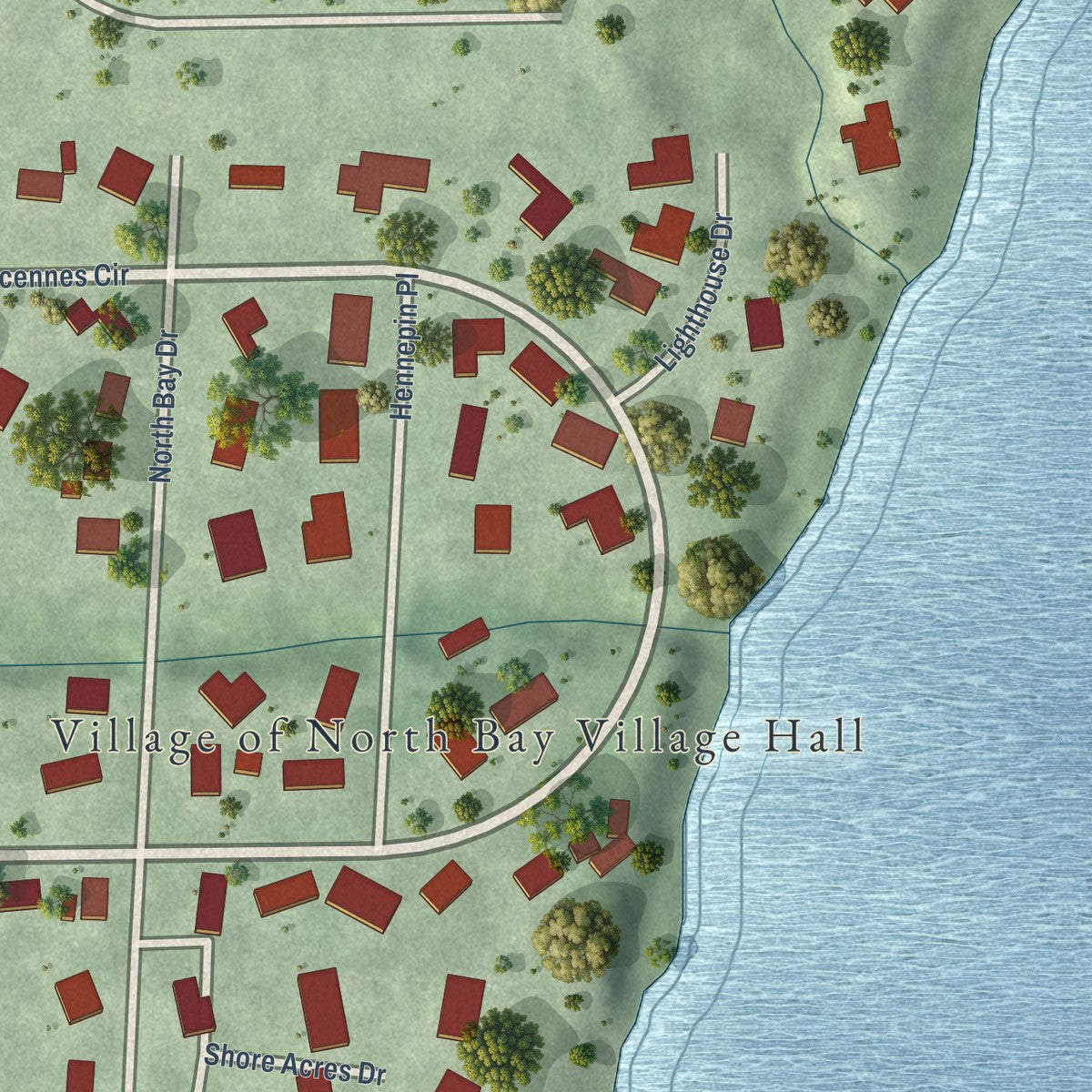 Close-up of the map of North Bay, Wisconsin print showing street and building detail