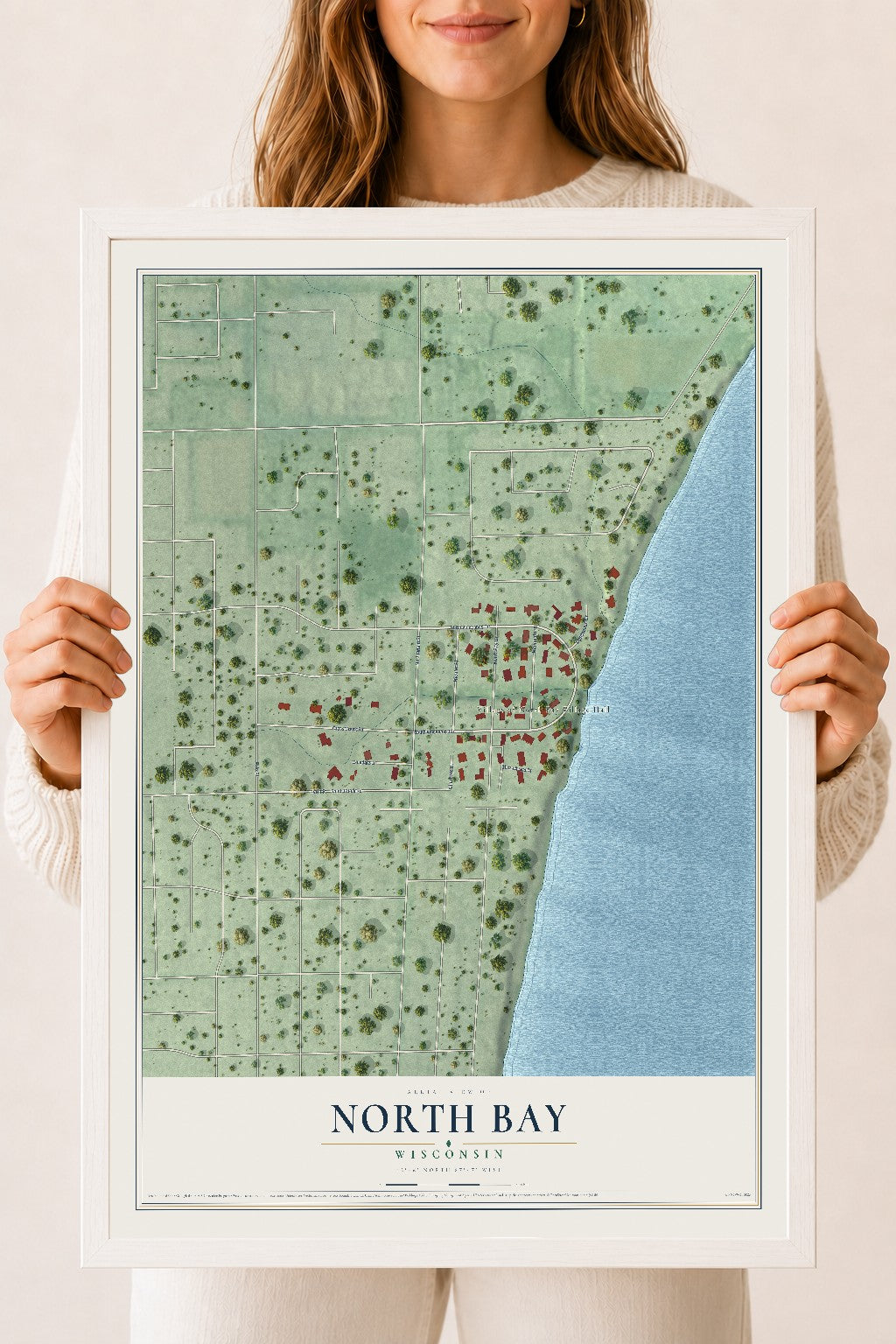 Map of North Bay, Wisconsin, 18 x 24 inch print in a white wood frame