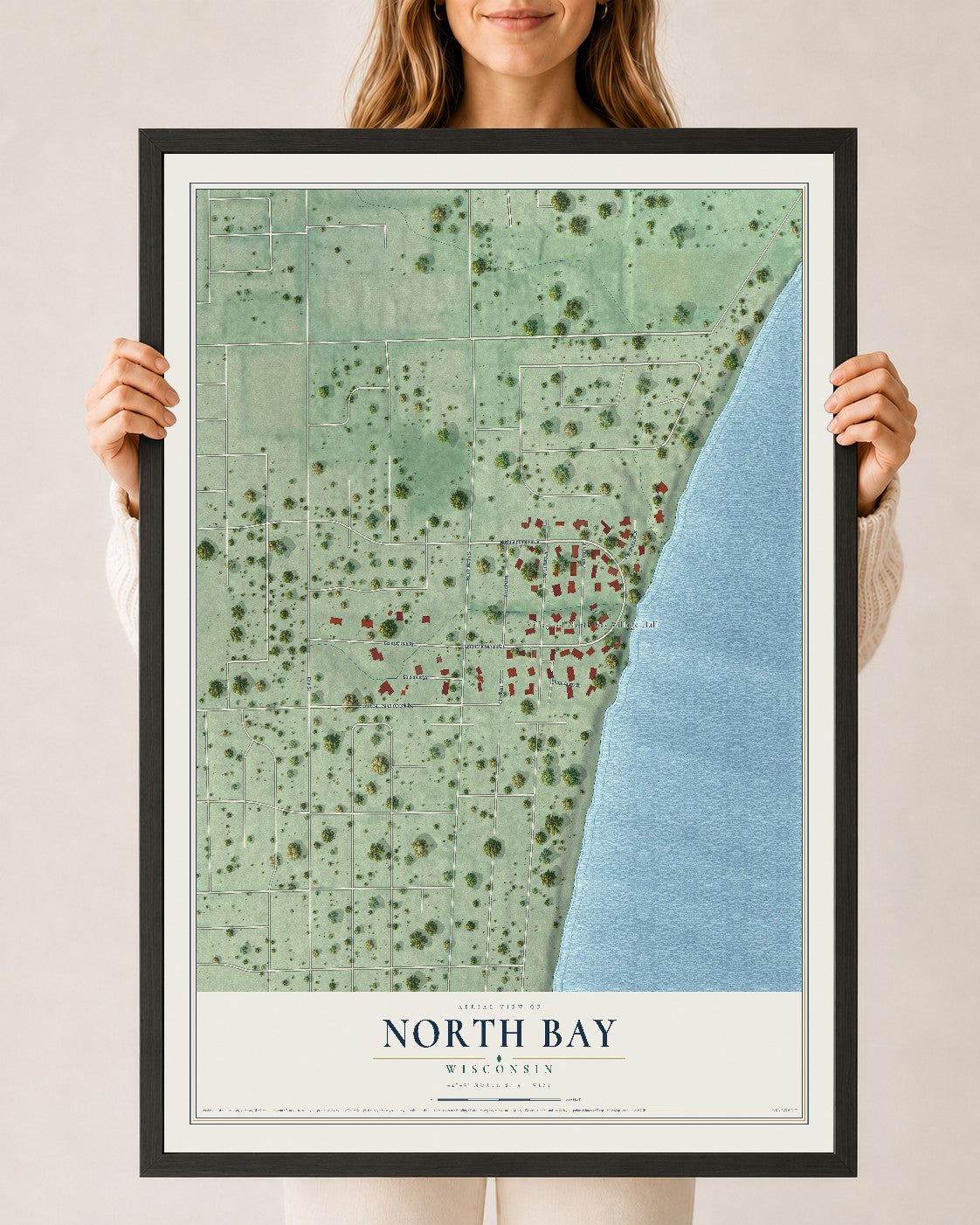 Map of North Bay, Wisconsin, 24 x 36 inch print in a black wood frame