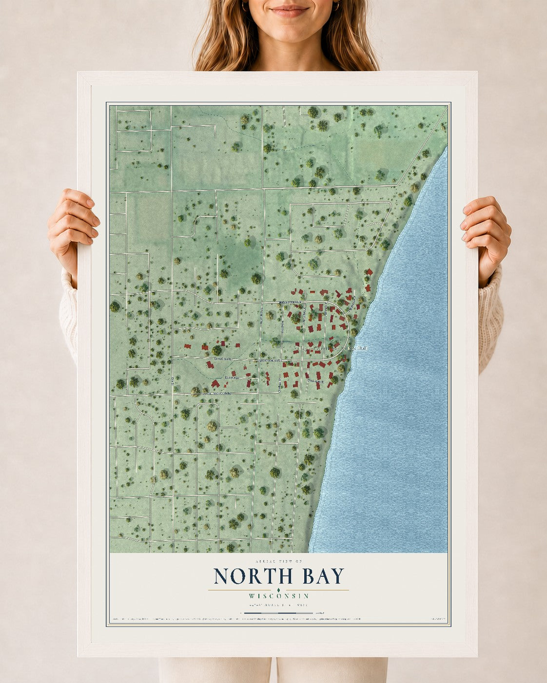 Map of North Bay, Wisconsin, 24 x 36 inch print in a white wood frame
