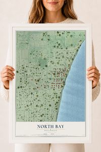 Map of North Bay, Wisconsin, 18 x 24 inch print in a white wood frame