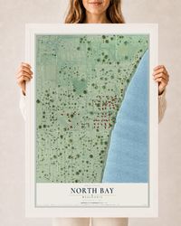 Map of North Bay, Wisconsin, 24 x 36 inch print in a white wood frame