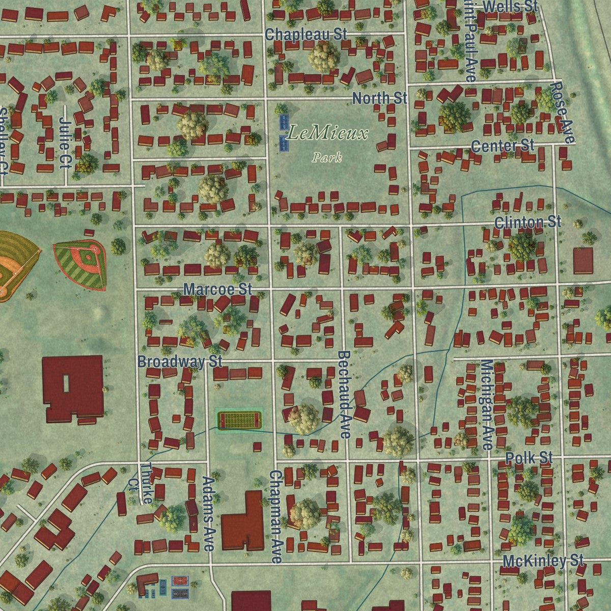 Close-up of the map of North Fond du Lac, Wisconsin print showing street and building detail