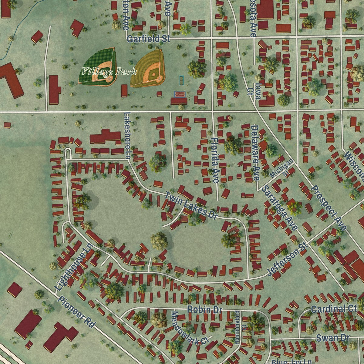 Second close-up of the map of North Fond du Lac, Wisconsin print showing more streets and buildings