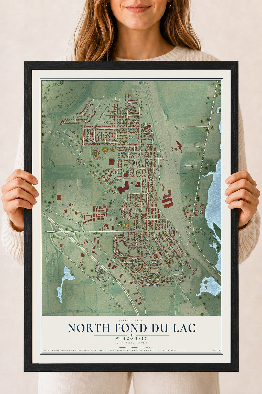 Map of North Fond du Lac, Wisconsin, 18 x 24 inch print in a black wood frame