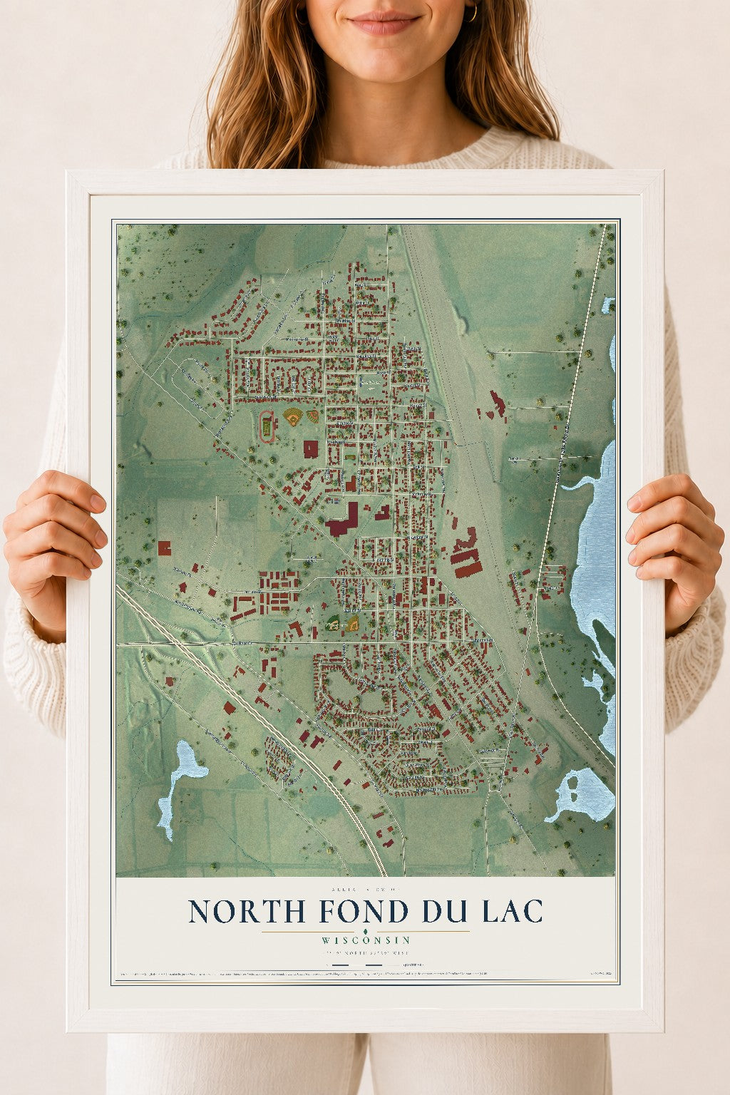 Map of North Fond du Lac, Wisconsin, 18 x 24 inch print in a white wood frame