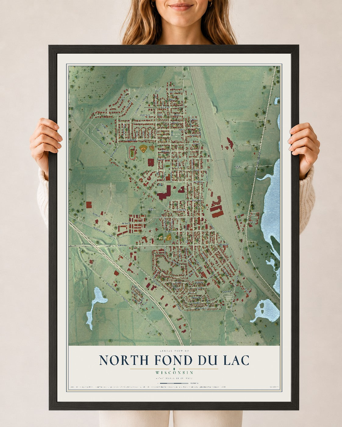 Map of North Fond du Lac, Wisconsin, 24 x 36 inch print in a black wood frame
