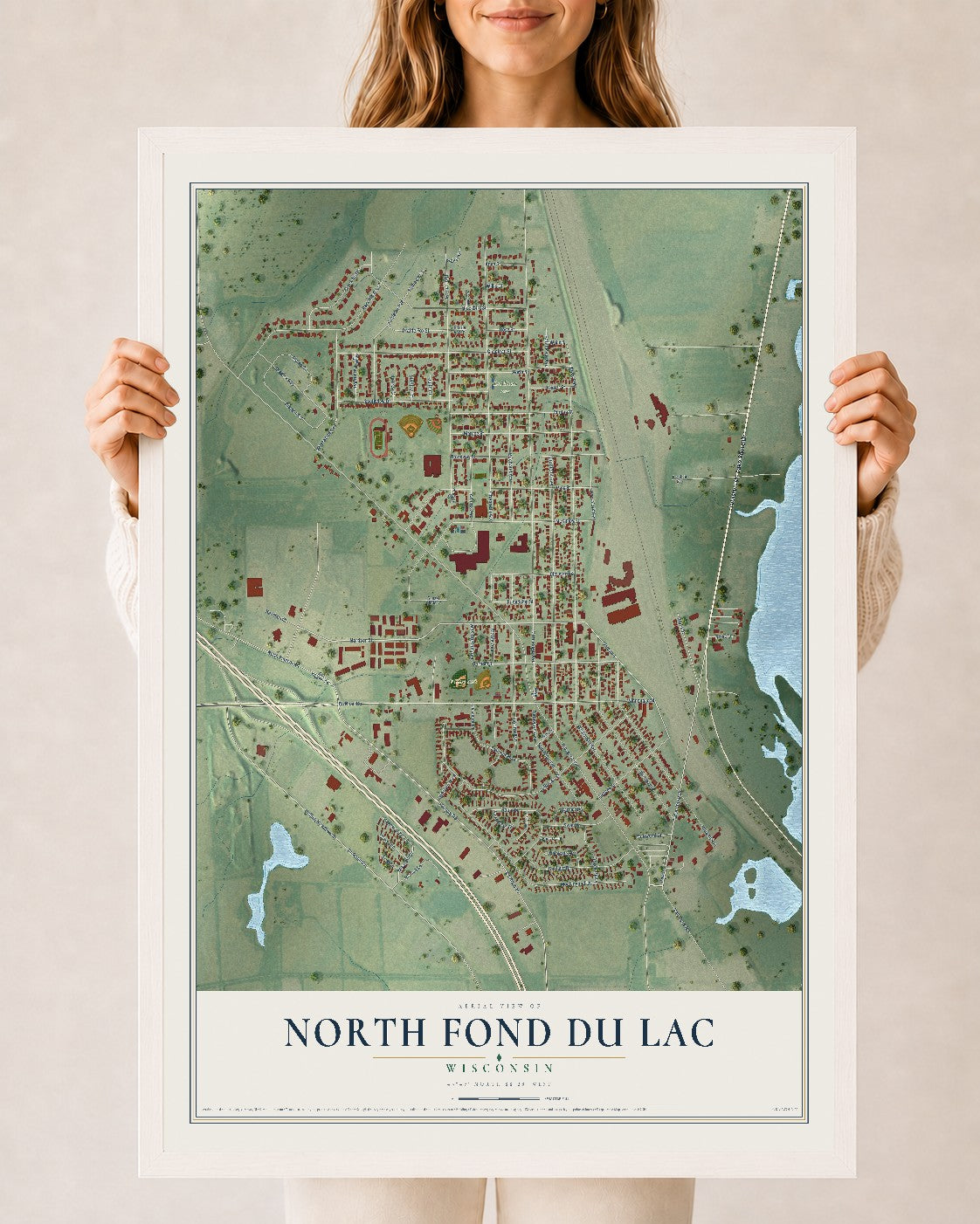 Map of North Fond du Lac, Wisconsin, 24 x 36 inch print in a white wood frame