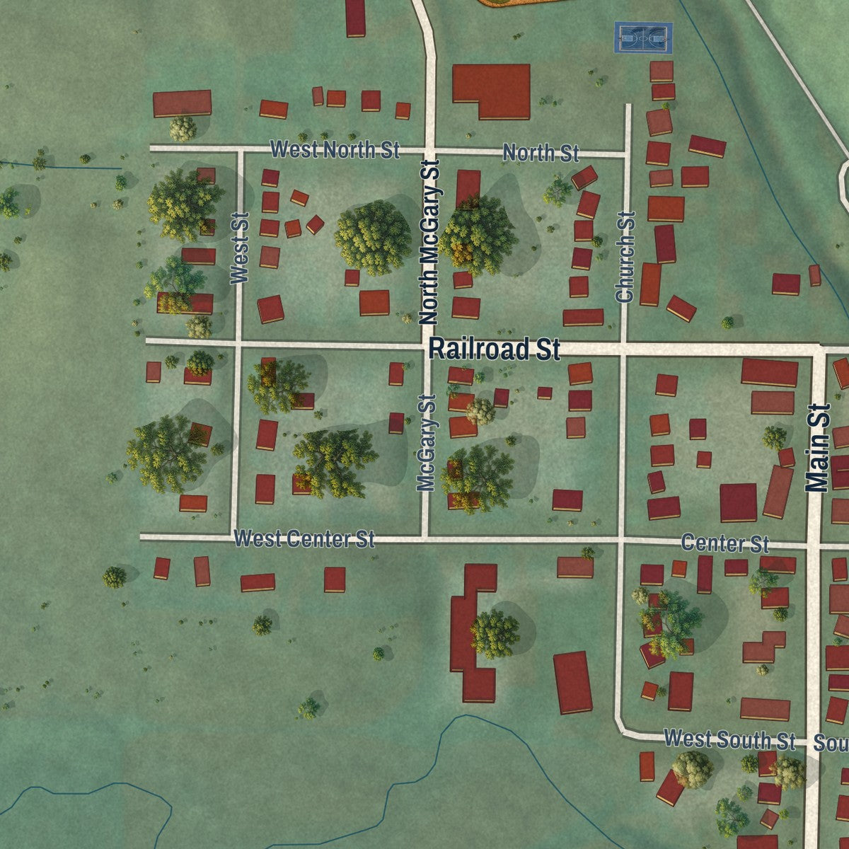 Close-up of the map of Norwalk, Wisconsin print showing street and building detail