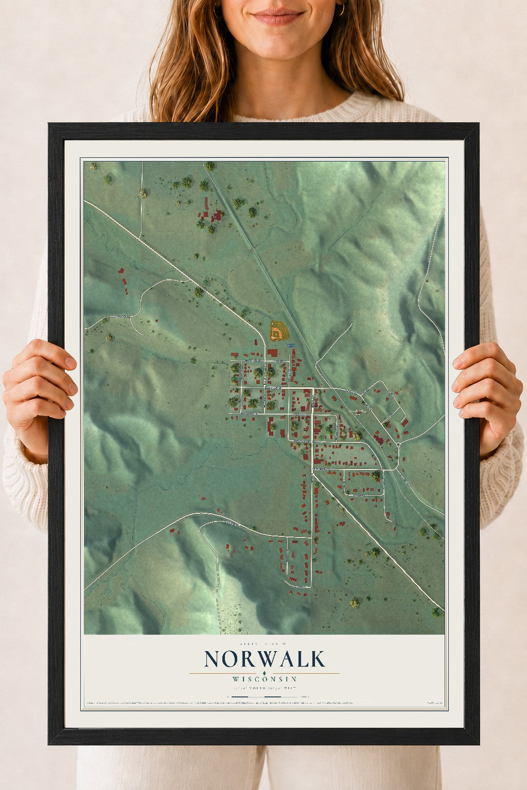 Map of Norwalk, Wisconsin, 18 x 24 inch print in a black wood frame