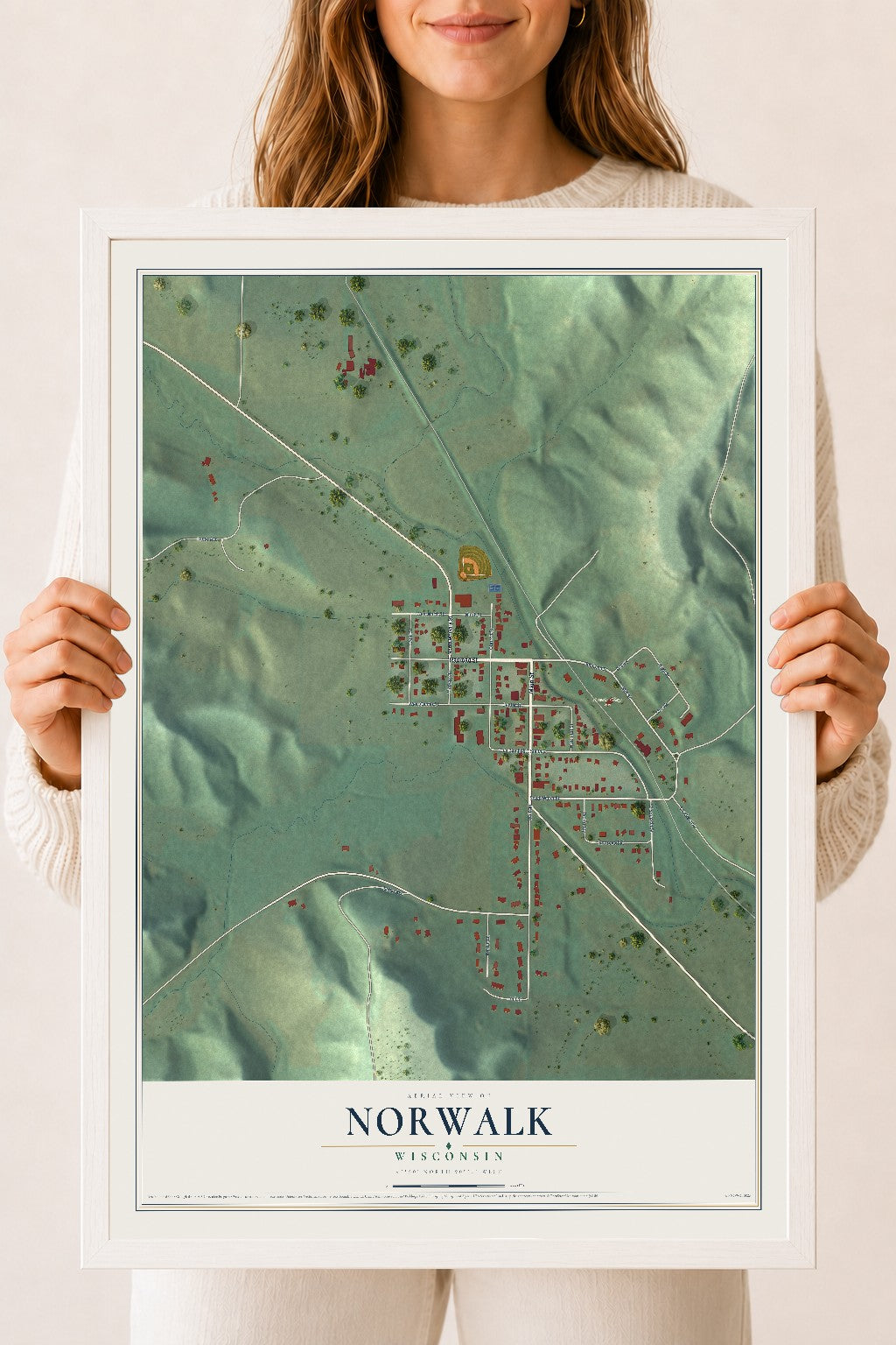 Map of Norwalk, Wisconsin, 18 x 24 inch print in a white wood frame