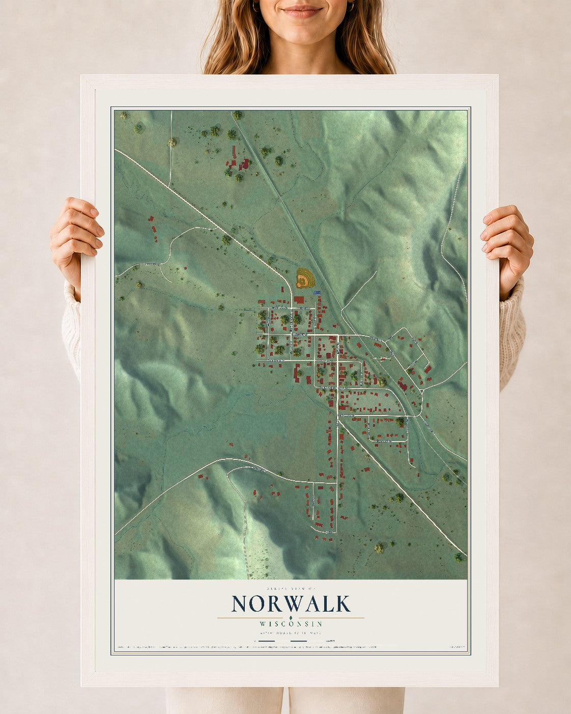 Map of Norwalk, Wisconsin, 24 x 36 inch print in a white wood frame