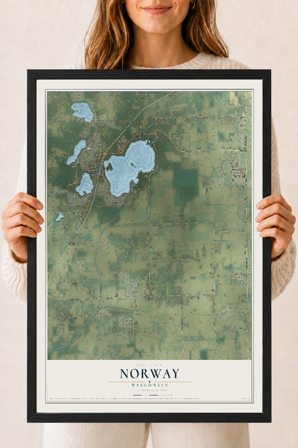 Map of Norway, Wisconsin, 18 x 24 inch print in a black wood frame
