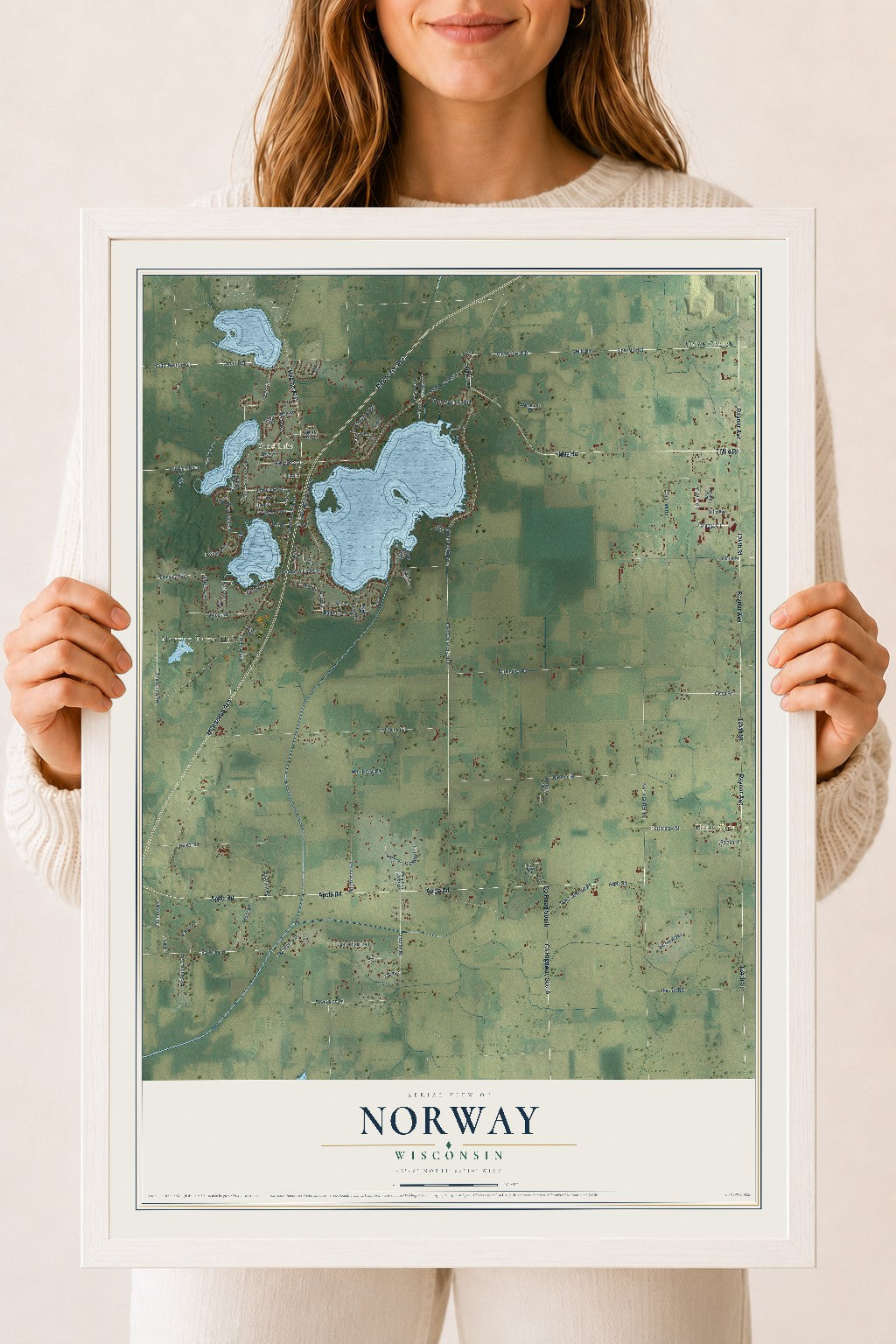 Map of Norway, Wisconsin, 18 x 24 inch print in a white wood frame