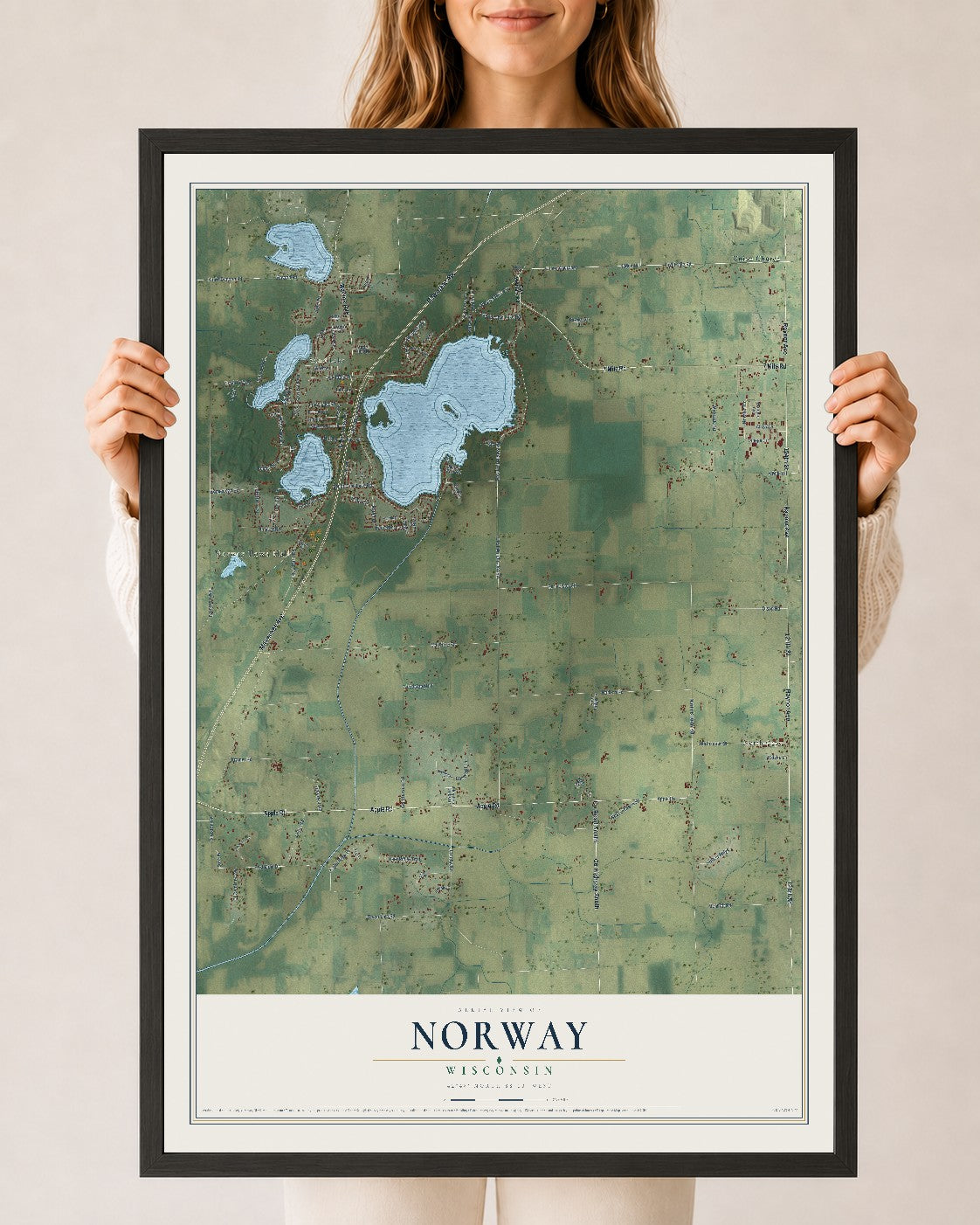 Map of Norway, Wisconsin, 24 x 36 inch print in a black wood frame