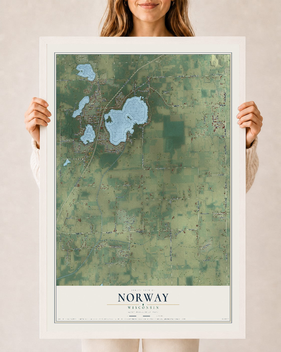 Map of Norway, Wisconsin, 24 x 36 inch print in a white wood frame