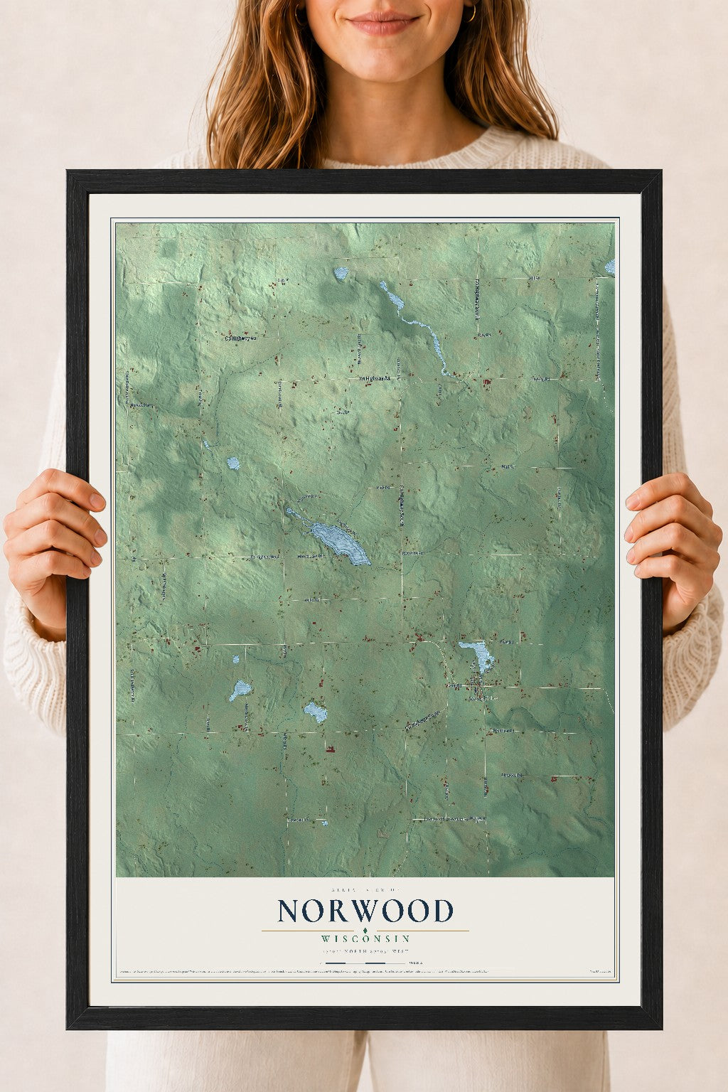 Map of Norwood, Wisconsin, 18 x 24 inch print in a black wood frame