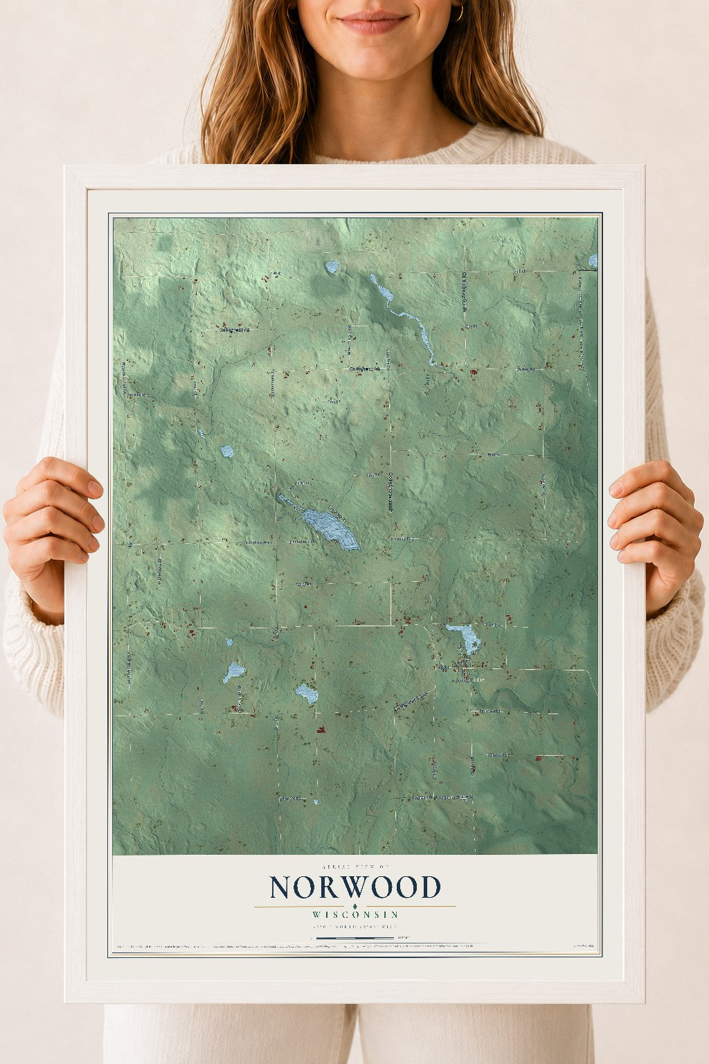 Map of Norwood, Wisconsin, 18 x 24 inch print in a white wood frame