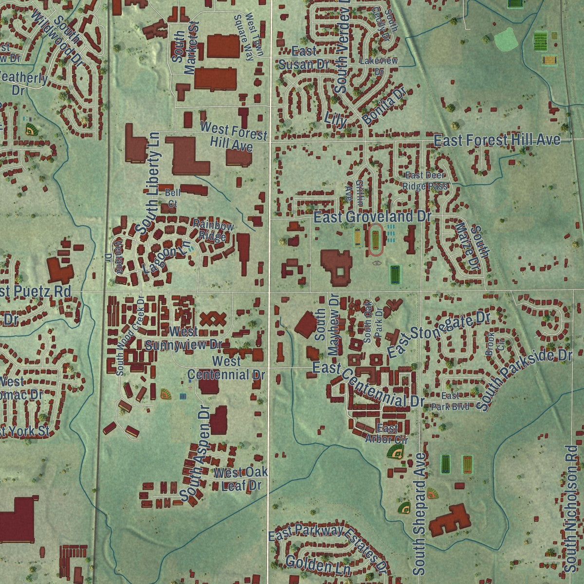 Close-up of the map of Oak Creek, Wisconsin print showing street and building detail