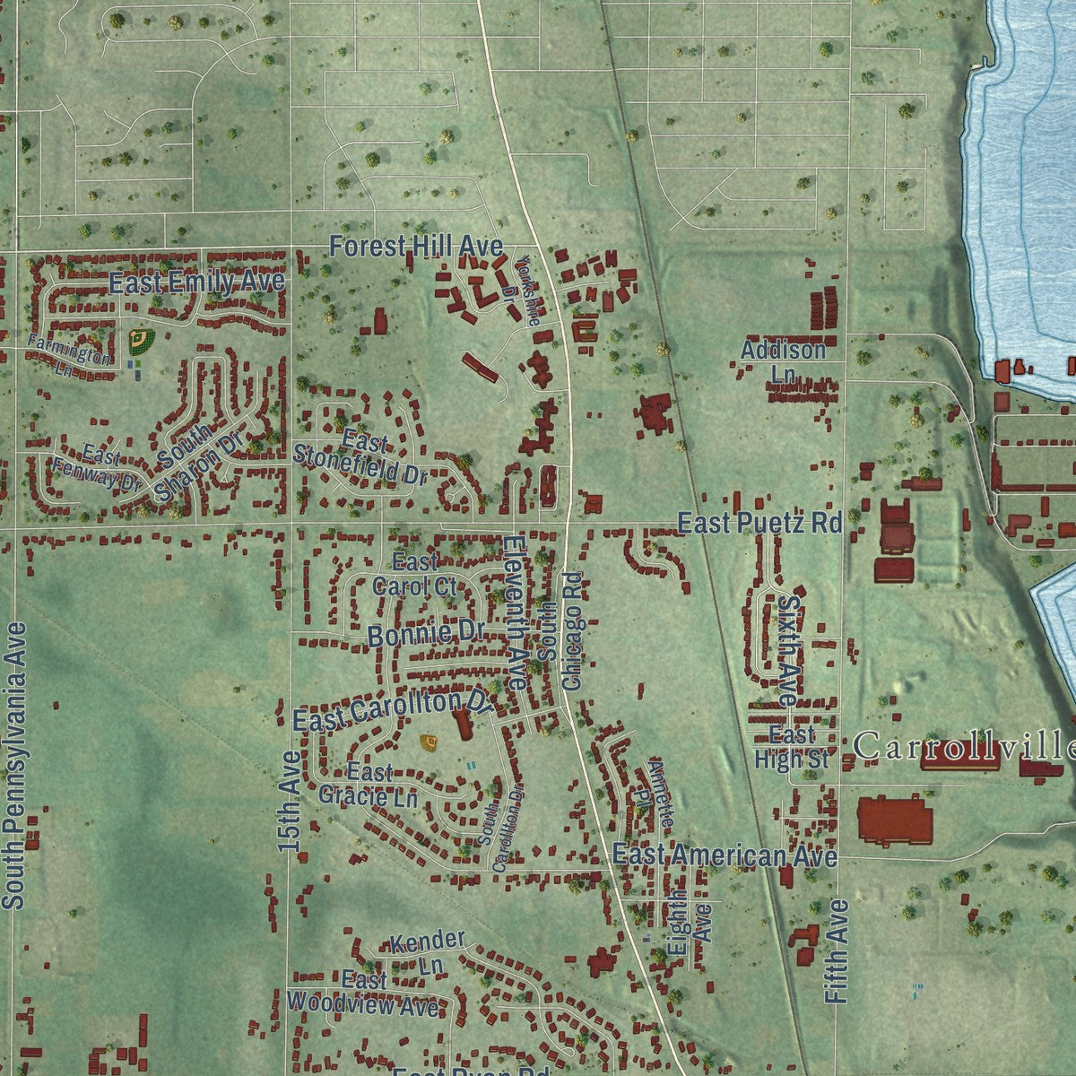 Second close-up of the map of Oak Creek, Wisconsin print showing more streets and buildings