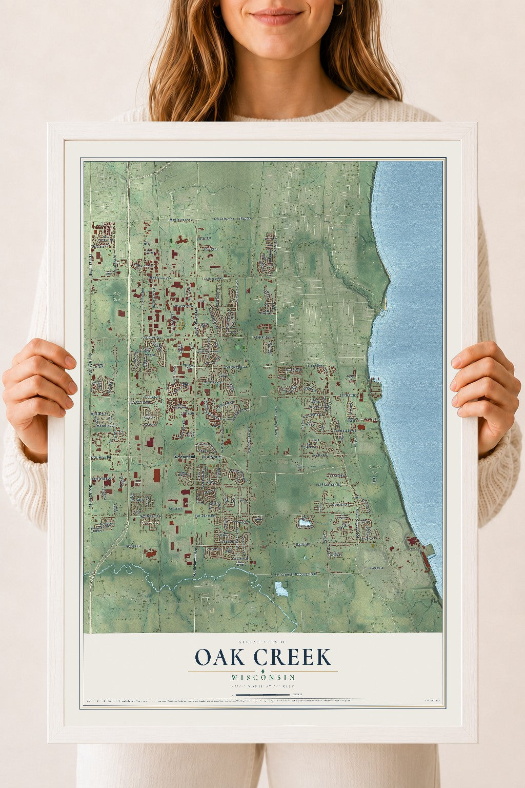 Map of Oak Creek, Wisconsin, 18 x 24 inch print in a white wood frame